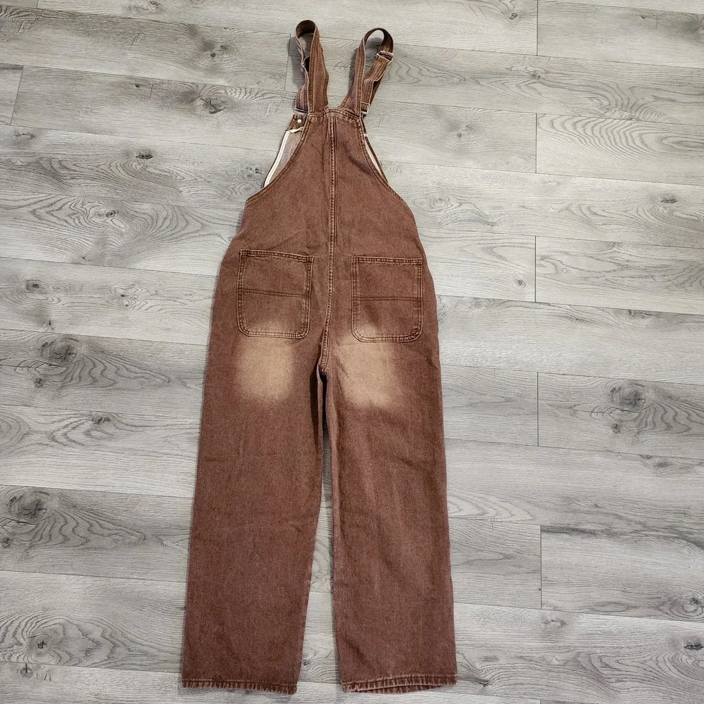 Embroidered Hamburger Logo‎ Denim Overalls Jeans Brown  Women's S RARE